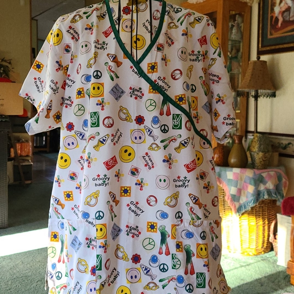 Peace/groovy scrub top